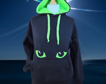 Sudadera con capucha "Watching Eyes"; sudadera con capucha bordada con ojos verdes de gato, extraterrestre y dragón