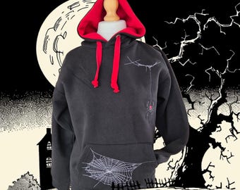 Diseñador web: Sudadera con capucha de telaraña y telaraña de viuda negra bordada.