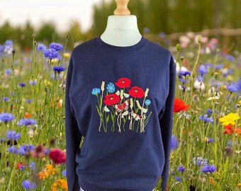 Jardín de Pauline: Sudadera bordada con flores de verano; jersey para adultos con diseño de jardín, amapolas, acianos y margaritas.