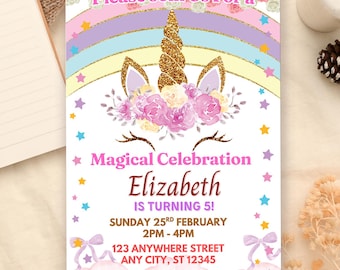 Plantilla de invitación digital para fiesta de cumpleaños de niña unicornio arcoíris. Plantilla Canva de princesa unicornio de cuento de hadas, descarga instantánea.