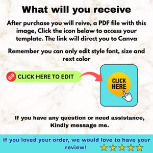 Puede incluir: Imagen con texto: "Qu&eacute; recibir&aacute;s". Instrucciones sobre c&oacute;mo acceder a una plantilla despu&eacute;s de la compra. Incluye un bot&oacute;n verde que dice "CLICK AQU&Iacute; PARA EDITAR" y un bot&oacute;n azul que dice "CLICK AQU&Iacute;".