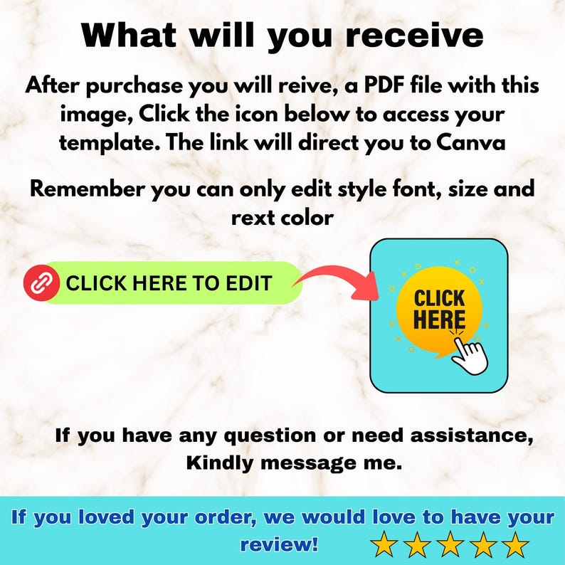 Puede incluir: Imagen con texto: "Qu&eacute; recibir&aacute;s". Instrucciones sobre c&oacute;mo acceder a una plantilla despu&eacute;s de la compra. Incluye un bot&oacute;n verde que dice "CLICK AQU&Iacute; PARA EDITAR" y un bot&oacute;n azul que dice "CLICK AQU&Iacute;".