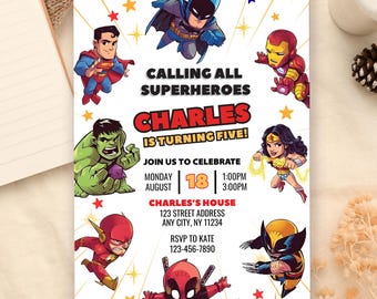 Editable Superhero Birthday Invitation Template, Kids Party Invite Template Superhero Birthday Card