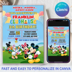 Puede incluir: Una invitaci&oacute;n azul con el texto "MEESKA...MOOSKA... MICKEY MOUSE" y "YOU ARE INVITED TO FRANKLIN CLUBHOUSE 3th BIRTHDAY!". Se muestran globos y personajes de Mickey Mouse. Un smartphone muestra la misma invitaci&oacute;n.