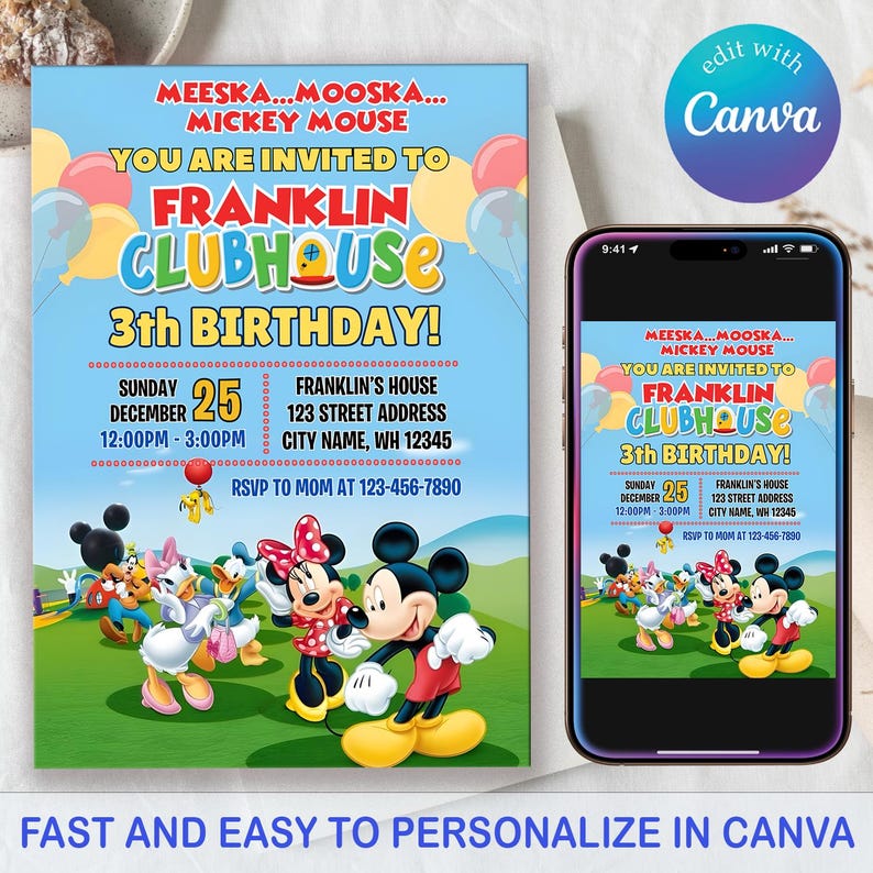 Puede incluir: Una invitaci&oacute;n azul con el texto "MEESKA...MOOSKA... MICKEY MOUSE" y "YOU ARE INVITED TO FRANKLIN CLUBHOUSE 3th BIRTHDAY!". Se muestran globos y personajes de Mickey Mouse. Un smartphone muestra la misma invitaci&oacute;n.