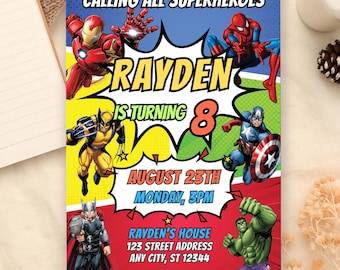 Editable Avengers Superheroes Birthday Party Invitation Template, Printable Superheroes Birthday Party Invitation Kids, Canva template