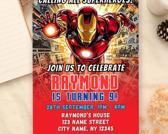 Invito di compleanno modificabile a tema supereroe Iron Man, invito stampabile per festa di compleanno di Ironman, biglietto d'invito per festa per bambini