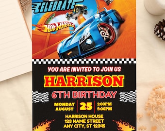 Invitación de cumpleaños de Hot Wheels (Canva) editable, invitación de cumpleaños de Hot Racing Cars, descarga digital imprimible de coches de carreras.