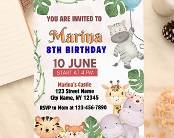 Editable Safari Birthday Invitation, Party Animals Birthday Invitation, Jungle Birthday Invitation