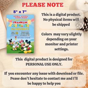 Puede incluir: Una invitaci&oacute;n digital para una fiesta de 3er cumplea&ntilde;os, con Mickey Mouse y sus amigos. La invitaci&oacute;n mide 12,7 cm x 17,8 cm e incluye detalles de la fiesta. El texto en la invitaci&oacute;n dice "Franklin Clubhouse 3th Birthday!"