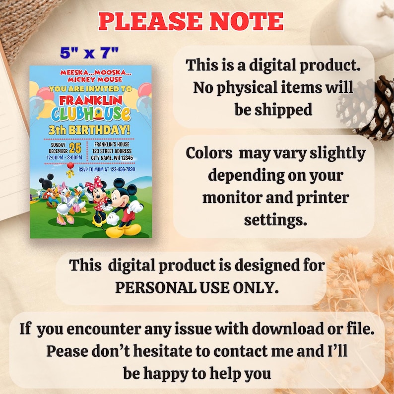 Puede incluir: Una invitaci&oacute;n digital para una fiesta de 3er cumplea&ntilde;os, con Mickey Mouse y sus amigos. La invitaci&oacute;n mide 12,7 cm x 17,8 cm e incluye detalles de la fiesta. El texto en la invitaci&oacute;n dice "Franklin Clubhouse 3th Birthday!"