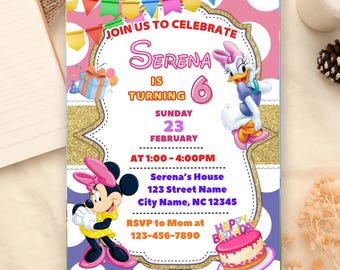 Invitación de cumpleaños editable de Minnie Mouse rosa, tarjeta de cumpleaños imprimible de Minnie Mouse, invitación digital de Minnie para niña