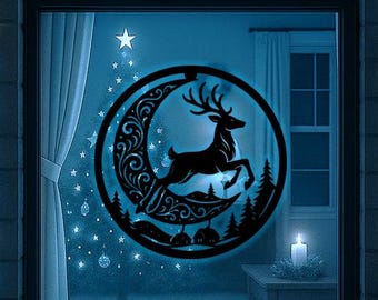 Reindeer on Crescent Moon Christmas SVG | Interconnected Design | Holiday Wall Art & Window Display | Bonus Stars - Snowflakes