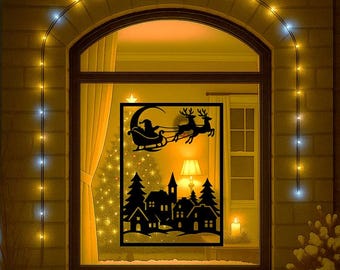 Projekt sań Świętego Mikołaja w wiosce bożonarodzeniowej w formacie SVG | Połączona sylwetka wycinanka papierowa | Świąteczna dekoracja ścienna i gwiazdy do ekspozycji okiennej - bonus w postaci płatków śniegu