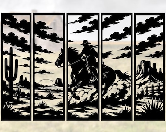 Western Cowboy Wall Art SVG | 5 Panel Desert Horse Rider Design | Laser Cut Privacy Screen | Decorative Wall Art Panels | CNC DXF Cut File