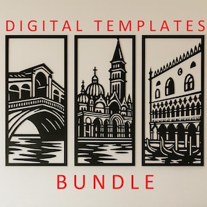 May include: Black and white wall art bundle featuring three Venetian scenes: a bridge, a cathedral, and a building with gondolas. The words "DIGITAL TEMPLATES" and "BUNDLE" are in red. The art is displayed above a gray couch with white pillows.