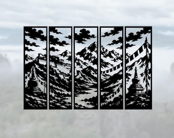 Tibetan Mountain Landscape SVG | 5 Panel Woodland Silhouette | Nature Wall Decor DXF PNG | Cnc Plasma Cut Files | Digital Download