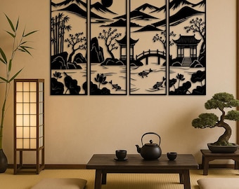 Asian Landscape 4-Panel Wall Art: Laser Cut Files (Digital Download)