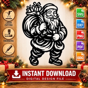 Op de afbeelding: Een zwart-witte digitale afbeelding van de Kerstman die een zak met cadeautjes op zijn rug draagt. Het ontwerp bevat iconen voor lasersnijden, graveren en pyrografie, samen met bestandsformaatlabels voor SVG, DXF, PNG, PDF en ODG.