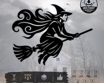 Wicked Witch Silhouette – Flying Broomstick Laser Cut File (SVG DXF PNG)