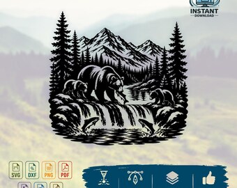 Bear Family Mountain Waterfall SVG | Wildlife Laser Cut File | Bear Wall Art DXF | CNC, Glowforge, Cricut, Coaster & Hoodie Design