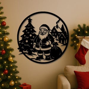 May include: Black metal Christmas wall art featuring Santa Claus, a Christmas tree, and a house within a circular frame. Santa is holding a sack of gifts. The art is designed to be mounted on a wall, perfect for holiday decor.