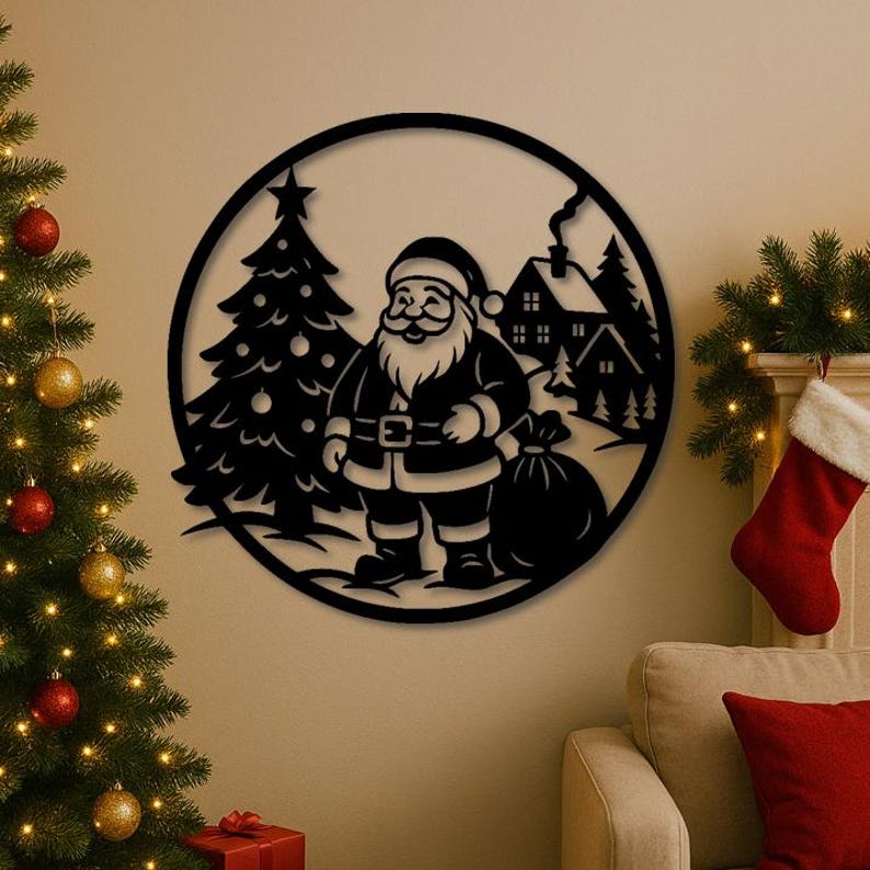 May include: Black metal Christmas wall art featuring Santa Claus, a Christmas tree, and a house within a circular frame. Santa is holding a sack of gifts. The art is designed to be mounted on a wall, perfect for holiday decor.