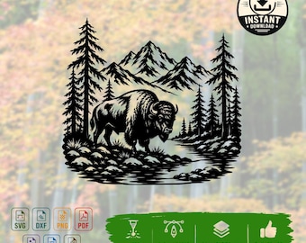 Bison Mountain Landscape SVG | Wildlife Laser Cut File | Buffalo Wall Art DXF | CNC Cut Design | Glowforge | Cricut | png pdf jpg esp odg