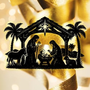 May include: A black silhouette of the Nativity scene, featuring Mary, Joseph, and baby Jesus in a manger, under a star-topped stable. Palm trees flank the scene, with a donkey and sheep. The background has a soft, golden bokeh effect and gold ribbon.