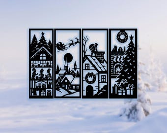 4 Panel Christmas Silhouette Scene SVG | Santa Workshop, Sleigh Ride, Chimney Delivery & Fireplace Living Room | Laser Cut DXF PNG pdf eps