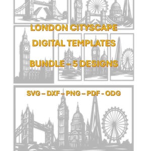 May include: A collection of five digital templates featuring iconic London landmarks, including Tower Bridge, Big Ben, and the London Eye. The designs are presented in a grayscale color scheme, with the text "LONDON CITYSCAPE DIGITAL TEMPLATES BUNDLE - 5 DESIGNS" and file format options.