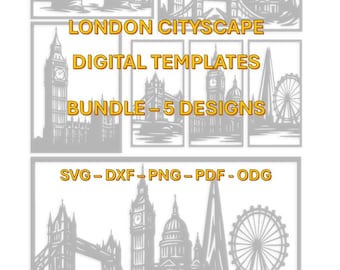 Paisaje urbano de Londres cortado a láser / SVG DXF PNG / Tower Bridge, Big Ben, London Eye, Catedral de San Pablo, The Shard / Arte mural y grabado