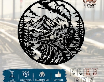 Steam Train Mountain Scene SVG | Vintage Locomotive | Railway Wall Art | Cricut Glowforge CNC | dxf png jpg pdf odg esp Digital Download