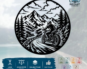 Motorcycle Mountain Adventure SVG | Biker Wall Art Digital Download | Laser Cut File | Cricut & Glowforge dxf png | Motorcycle Rider Design
