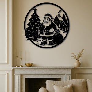 May include: Black metal Christmas wall art featuring Santa Claus, a Christmas tree, and a house, all within a circular frame. The Santa figure is holding a sack. The art is mounted on a beige wall above a fireplace.