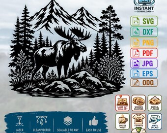 Moose Mountain Scene SVG | Wildlife Laser Cut File | Forest Wall Art DXF | Rustic Cabin Decor | Glowforge Cnc Cricut SVG | Digital Download
