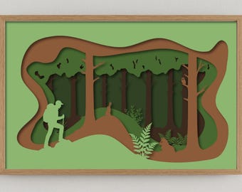 Layered Forest Scene – 3D Papercut SVG Template | Hiker & Wildlife Design | svg dxf pdf png