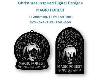 Magic Forest Christmas Ornament & Wall Art | Reindeer Forest Laser Cut Design Set | Detailed Interconnected Silhouette | SVG DXF PNG pdf odg