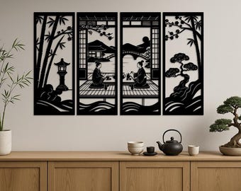 Asian Tea Ceremony Laser Cut Wall Art: 4-Panel Stencil (Digital Download)