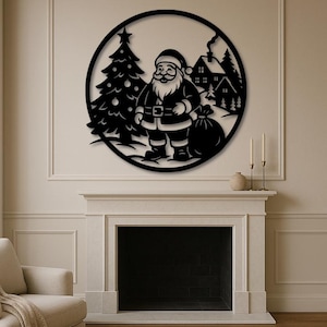 May include: Black metal wall art featuring Santa Claus, a Christmas tree, and a house within a circular frame. Santa is depicted with a full beard and a sack. The artwork is designed for holiday decor.