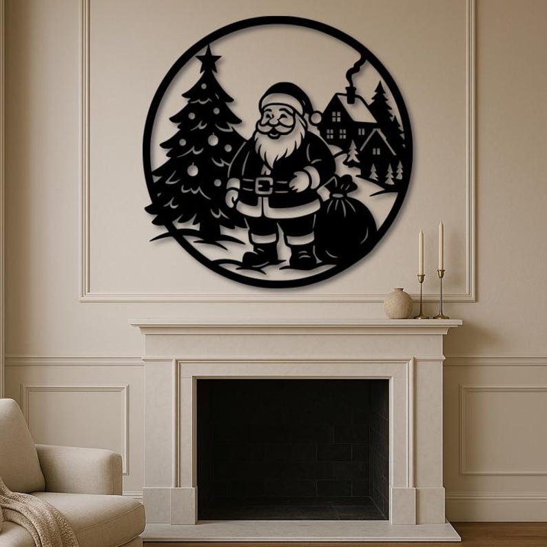 May include: Black metal wall art featuring Santa Claus, a Christmas tree, and a house within a circular frame. Santa is depicted with a full beard and a sack. The artwork is designed for holiday decor.