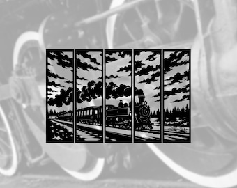 Steam Train Wall Art SVG | 5 Panel Train Silhouette | Vintage Locomotive Laser Cut File | Railway Decor DXF PNG pdf | Cnc & Glowforge Design