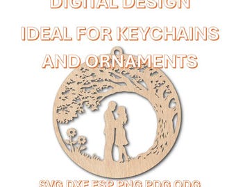 Romantic Couple Under the Oak Tree Ornament SVG | Valentine Silhouette Keychain Design | Laser Cut for Ornaments & Gifts Digital Download