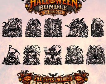 Halloween SVG Bundle 10 Designs | Spooky Laser Cut Decor | Haunted Farm & Graveyard DXF | Halloween Ornament Digital Download PNG