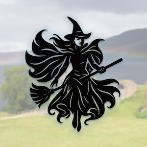 May include: Black silhouette of a witch in a pointed hat, cape, and flowing dress, holding a broom. The witch is flying, with a blurred background of a landscape with a rainbow.