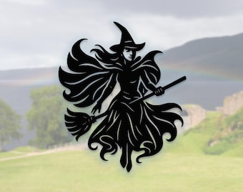 Silhouet boze heks – vliegend vooraanzicht, lasergesneden bestand (SVG DXF, PNG)