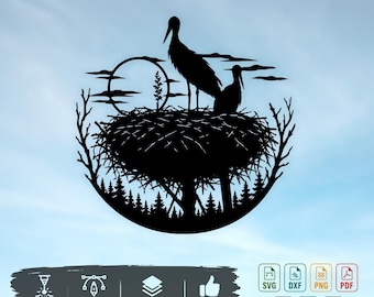 Stork Nest SVG | Bird Family Laser Cut File | Wildlife Wall Art | Pyrography Design | CNC DXF | Cricut | Glowforge File | Digital Download