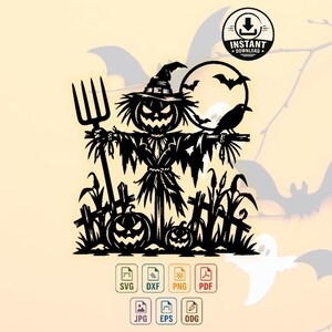 May include: A black graphic illustration of a scarecrow wearing a hat, holding a pitchfork, and standing in a field with two jack-o'-lanterns, a crow, and a full moon with bats. The design includes an instant download icon and file format labels.