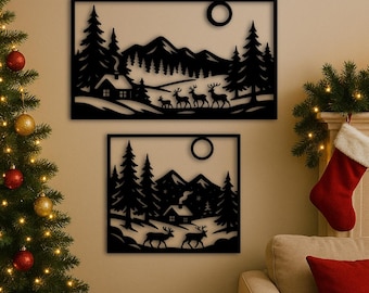 Tweedelige kerstbosscène – hut- en rendierset | Digitaal ontwerp SVG voor kunst aan de muur, etalage, ansichtkaarten, dienbladen | DXF, png-bestand