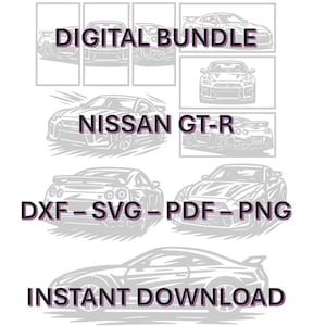 Puede incluir: Paquete digital con ilustraciones de coches Nissan GT-R. El texto incluye "DIGITAL BUNDLE", "NISSAN GT-R", "DXF - SVG - PDF - PNG" e "INSTANT DOWNLOAD". Las ilustraciones son en blanco y negro.